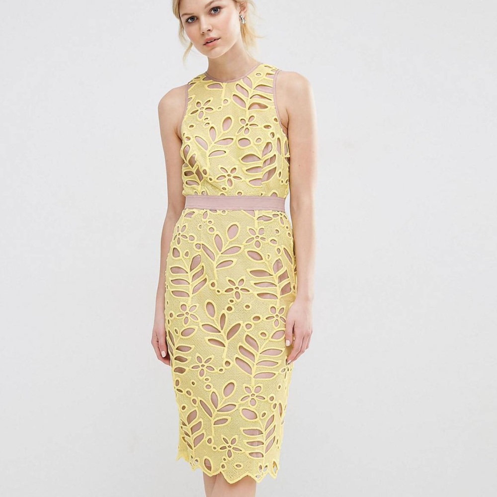 Women’s ASOS Lace Yellow Fitted Midi Dress